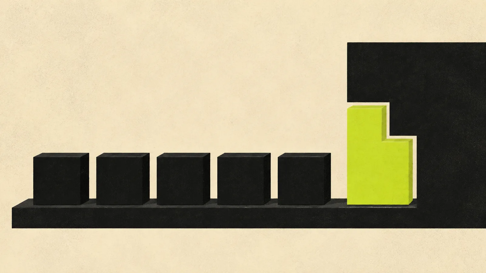 Illustration : une rangée de cubes noirs identiques et une pièce vert signal taillée sur mesure qui s’emboîte parfaitement
