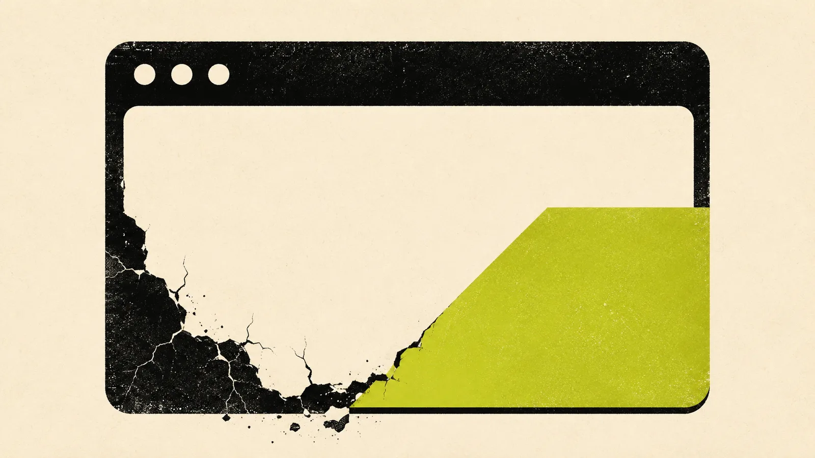 Illustration : une fenêtre de navigateur noire craquelée, remplacée par un panneau neuf vert signal