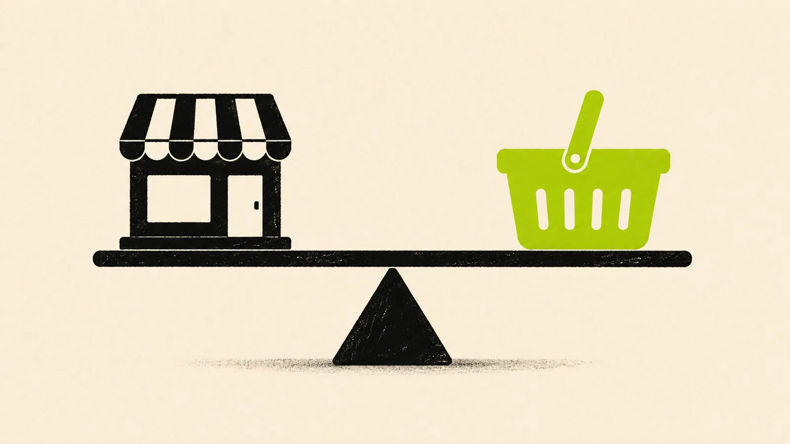 Illustration : une balance avec une boutique à auvent d’un côté et un panier d’achat vert signal de l’autre